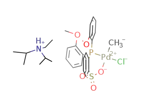 CH<sub>3</sub>PdCl(O<sub>3</sub>SC<sub>6</sub>H<sub>4</sub>P(C<sub>6</sub>H<sub>4</sub>OCH<sub>3</sub>)2)<sup>(1-)</sup>*HN(CH(CH<sub>3</sub>)2)2C<sub>2</sub>H<sub>5</sub><sup>(1+)</sup>=HN(CH(CH<sub>3</sub>)2)2C<sub>2</sub>H<sub>5</sub>CH<sub>3</sub>PdCl(O<sub>3</sub>SC<sub>6</sub>H<sub>4</sub>P(C<sub>6</sub>H<sub>4</sub>OCH<sub>3</sub>)2)