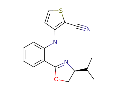 Molecular Structure of 1013926-22-1 ([2-((4S)-4-isopropyl-4,5-dihydrooxazol-2-yl)phenyl](thiophene-2-carbonitrile)amine)