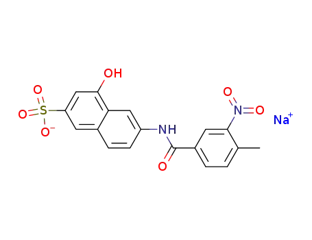 Molecular Structure of 75885-20-0 (2-Naphthalenesulfonic acid,
4-hydroxy-6-[(4-methyl-3-nitrobenzoyl)amino]-, monosodium salt)