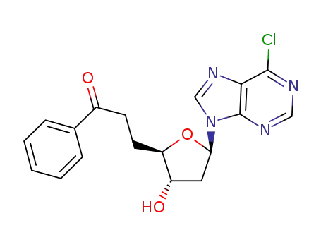 Molecular Structure of 1065269-45-5 (3-[(2R,3S,5R)-5-(6-chloro-9H-purin-9-yl)-3-hydroxytetrahydrofuran-2-yl]-1-phenylpropan-1-one)