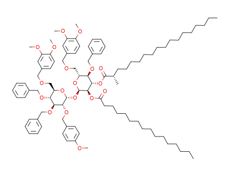 3,4,4'-tri-O-benzyl-6,6'-di-O-(3,4-dimethoxybenzyl)-2-O-(p-methoxybenzyl)-3'-O-((S)-2-methylstearoyl)-2'-O-palmitoyl-α,α-D-trehalose