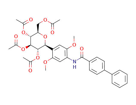 Molecular Structure of 1004782-93-7 (2-(2,3,4,6-tetra-O-acetyl-β-D-glucopyranosyl)-1,4-dimethoxy-5-(4-biphenylcarboxamido)benzene)