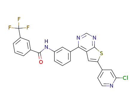 Molecular Structure of 1147939-12-5 (N-{3-[6-(2-chloro-pyridin-4-yl)-thieno[2,3-d]pyrimidin-4-yl]-phenyl}-3-trifluoromethyl-benzamide)