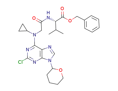 Molecular Structure of 1185198-46-2 (N-[2-chloro-9-(tetrahydropyran-2-yl)-9H-purin-6-yl]-N-cyclopropylglycyl-L-valine benzyl ester)