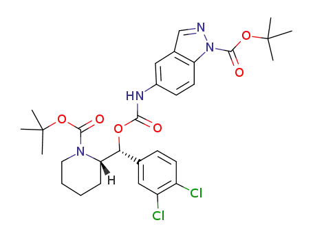 Molecular Structure of 1094506-63-4 (tert-butyl (2S)-2-[(R)-(3,4-dichlorophenyl){[(1-(tert-butoxycarbonyl)-1H-indazol-5-yl)carbamoyl]oxy}methyl]piperidine-1-carboxylate)