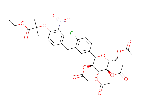 2-{4-[2-chloro-5-((2S,3S,4R,5R,6R)-3,4,5-triacetoxy-6-acetoxymethyl-tetrahydro-pyran-2-yl)-benzyl]-2-nitro-phenoxy}-2-methyl-propionic acid ethyl ester