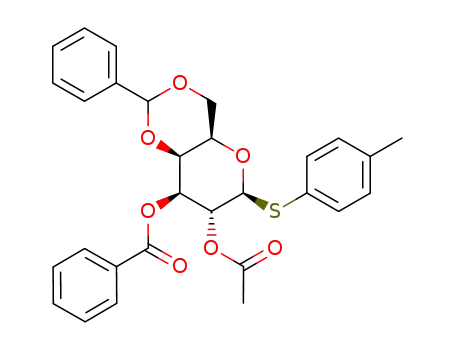 Molecular Structure of 1042430-52-3 (p-methylphenyl 2-O-acetyl-3-O-benzoyl-4,6-O-benzylidene-1-thio-β-D-galactopyranoside)