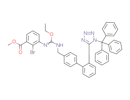Molecular Structure of 1239349-13-3 (methyl 2-bromo-3-(ethoxy(1-(2'-(1-trityl-1H-tetrazol-5-yl)biphenyl-4-yl)methylamino)methyleneamino)benzoate)