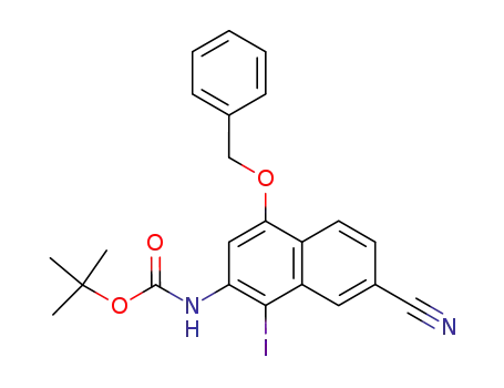 Molecular Structure of 178877-17-3 (Carbamic acid, [7-cyano-1-iodo-4-(phenylmethoxy)-2-naphthalenyl]-,
1,1-dimethylethyl ester)