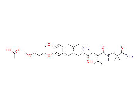 Molecular Structure of 1327153-77-4 ((2S),(4S),(5S),(7S)-N-(3-amino-2,2-dimethyl-3-oxopropyl)-2,7-di(1-methylethyl)-4-hydroxy-5-amino-8-[4-methoxy-3-(3-methoxy-propoxy)phenyl]-octanamide acetate)