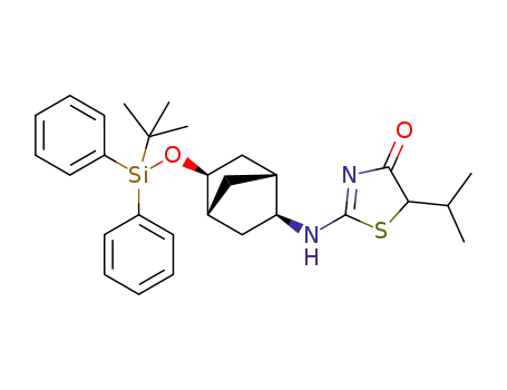 Molecular Structure of 1334758-82-5 (2-((1R,2S,4R,5S)-5-(tert-butyldiphenylsilyloxy)bicyclo[2.2.1]heptan-2-ylamino)-5-isopropylthiazol-4(5H)-one)