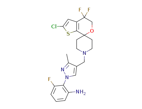 Molecular Structure of 1307314-65-3 (2-[4-[(2-chloro-4,4-difluoro-spiro[5H-thieno[2,3-c]pyran-7,4'-piperidine]-1'-yl)methyl]-3-methyl-pyrazol-1-yl]-3-fluoro-aniline)