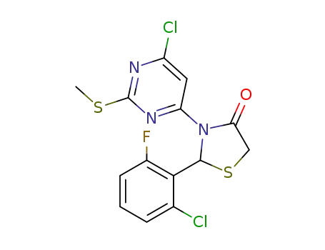 Molecular Structure of 1350308-15-4 (3-(6-chloro-2-(methylthio)pyrimidin-4-yl)-2-(2-chloro-6-fluorophenyl)thiazolidin-4-one)