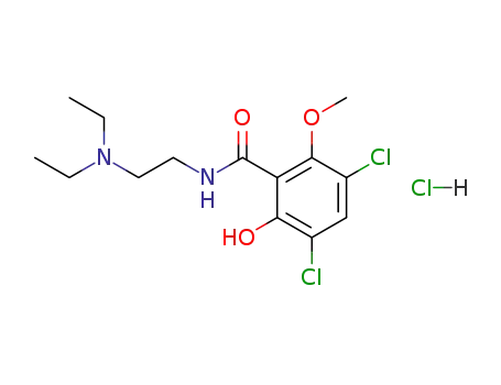 Molecular Structure of 102805-77-6 (3,5-Dichloro-N-(2-diethylamino-ethyl)-2-hydroxy-6-methoxy-benzamide; hydrochloride)