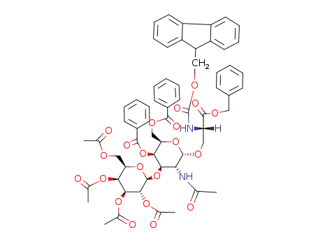 Molecular Structure of 100929-04-2 (N-(9-Fluorenylmethoxycarbonyl)-O-<(2,3,4,6-tetra-O-acetyl-β-D-galactopyranosyl)-(1-3)-O-(2-acetamido-4,6-di-O-benzoyl-2-desoxy-α-D-galactopyranosyl)>-L-serin-benzylester)