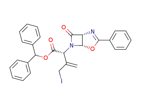 Molecular Structure of 67977-89-3 ((S)-3-Iodomethyl-2-((1S,5R)-7-oxo-3-phenyl-4-oxa-2,6-diaza-bicyclo[3.2.0]hept-2-en-6-yl)-but-3-enoic acid benzhydryl ester)