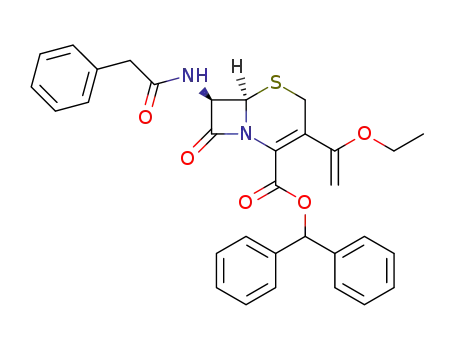 Molecular Structure of 122553-63-3 ((6R,7R)-3-(1-Ethoxy-vinyl)-8-oxo-7-phenylacetylamino-5-thia-1-aza-bicyclo[4.2.0]oct-2-ene-2-carboxylic acid benzhydryl ester)