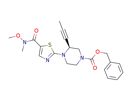Molecular Structure of 1572928-63-2 (benzyl (3S)-4-(5-(methoxy(methyl)carbamoyl)-1,3-thiazol-2-yl)-3-(1-propyn-1-yl)-1-piperazinecarboxylate)