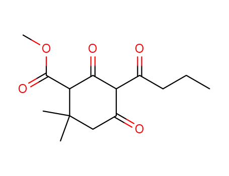Molecular Structure of 66421-41-8 (6,6-Dimethyl-2,4-dioxo-3-(1-oxobutyl)cyclohexane-1-carboxylic acid methyl ester)