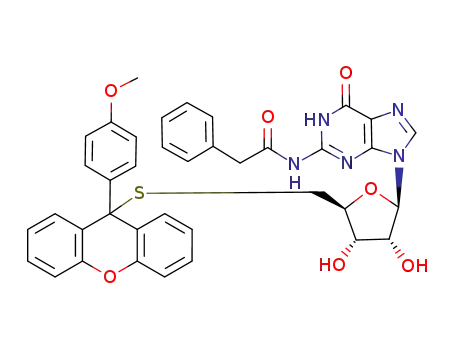 Molecular Structure of 132628-24-1 (N-(9-{(2R,3R,4S,5S)-3,4-Dihydroxy-5-[9-(4-methoxy-phenyl)-9H-xanthen-9-ylsulfanylmethyl]-tetrahydro-furan-2-yl}-6-oxo-6,9-dihydro-1H-purin-2-yl)-2-phenyl-acetamide)