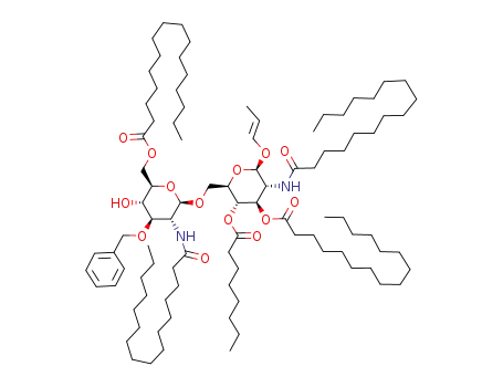 Hexadecanoic acid (2R,3S,4R,5R,6R)-2-((2R,3R,4R,5S,6R)-4-benzyloxy-3-hexadecanoylamino-6-hexadecanoyloxymethyl-5-hydroxy-tetrahydro-pyran-2-yloxymethyl)-5-hexadecanoylamino-3-octanoyloxy-6-[((E)-propenyl)oxy]-tetrahydro-pyran-4-yl ester