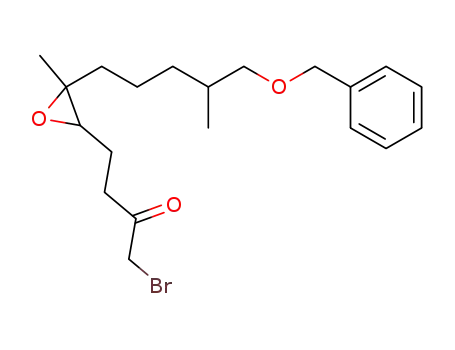 Molecular Structure of 77878-39-8 (2-Butanone,
1-bromo-4-[3-methyl-3-[4-methyl-5-(phenylmethoxy)pentyl]oxiranyl]-)