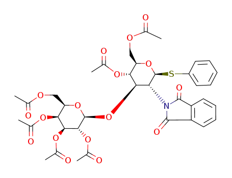 Molecular Structure of 148705-04-8 (beta-D-Glucopyranoside, phenyl 2-deoxy-2-(1,3-dihydro-1,3-dioxo-2H-iso indol-2-yl)-3-O-(2,3,4,6-tetra-O-acetyl-beta-D-galactopyranosyl)-1-thi o-, 4,6-diacetate)