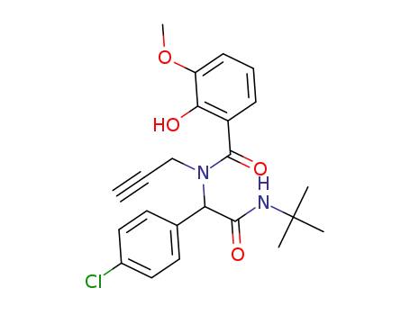 Molecular Structure of 1620025-59-3 (N-(2-(tert-butylamino)-1-(4-chlorophenyl)-2-oxoethyl)-2-hydroxy-3-methoxy-N-(prop-2-yn-1-yl)benzamide)