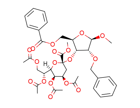 Molecular Structure of 101024-31-1 (methyl 5-O-benzoyl-2-O-benzyl-3-O-(methyl 4,5,7,8-tetra-O-acetyl-3-deoxy-α-D-manno-2-octulopyranosylonate)-β-D-ribofuranoside)