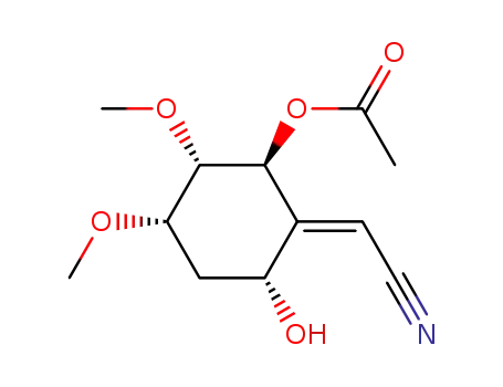 Molecular Structure of 135131-70-3 ((2E)-(1R,3S,4S,5S)-3-acetoxy-2-cyanomethylene-1-hydroxy-4,5-dimethoxycyclohexane)