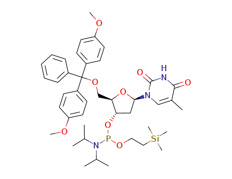 Molecular Structure of 173653-35-5 (5'-O-(4,4'-dimethoxytrityl)thymidine 3'-O-[2-(trimethylsilyl)ethyl] diisopropylphosphoramidite)