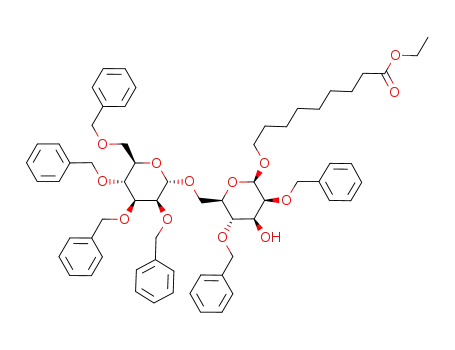 Molecular Structure of 103739-50-0 (8-ethoxycarbonyloctyl O-(2,3,4,6-tetra-O-benzyl-α-D-mannopyranosyl)-(1->6)-2,4-di-O-benzyl-β-D-mannopyranoside)