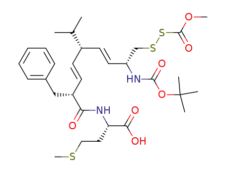 Molecular Structure of 219914-10-0 ((2R,3E,5S,6E,8R)-2-(phenylmethyl)-5-isopropyl-8-(tert-butyloxycarbonylamino)-9-(carbomethoxysulfenylthio)-2,6-nonadienyl methionine)
