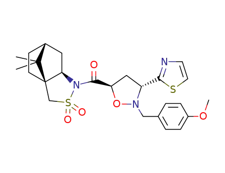 Molecular Structure of 188806-90-8 (((1S,5R,7R)-10,10-Dimethyl-3,3-dioxo-3λ<sup>6</sup>-thia-4-aza-tricyclo[5.2.1.0<sup>1,5</sup>]dec-4-yl)-[(3R,5R)-2-(4-methoxy-benzyl)-3-thiazol-2-yl-isoxazolidin-5-yl]-methanone)