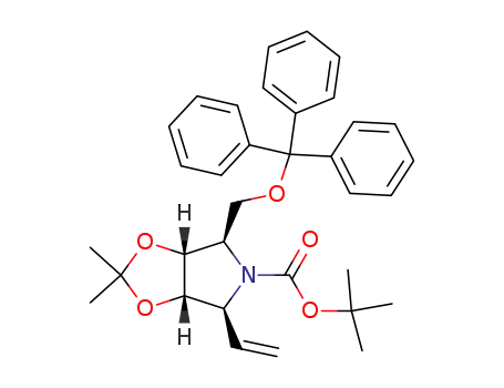 Molecular Structure of 262282-37-1 ((2R,3R,4S,5S)-N-tert-butoxycarbonyl-3,4-isopropylidenedioxy-2-trityloxymethyl-5-vinylpyrrolidine)
