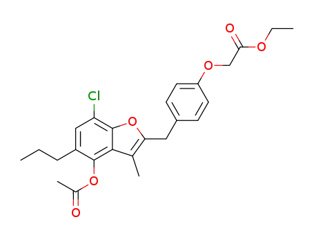 Molecular Structure of 102612-26-0 (2-<<4'-(carbethoxymethoxy)phenyl>methyl>-3-methyl-4-acetoxy-5-propyl-7-chlorobenzofuran)