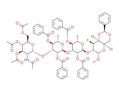 methyl (2-acetamido-3,4,6-tri-O-acetyl-2-deoxy-α-D-glucopyranosyl)-(1->3)-(2,4-di-O-benzoyl-α-L-rhamnopyranosyl)-(1->3)-(2,4-di-O-benzoyl-α-L-rhamnopyranosyl)-(1->2)-4,6-O-benzylidene-3-deoxy-3-fluoro-α-D-galactopyranoside