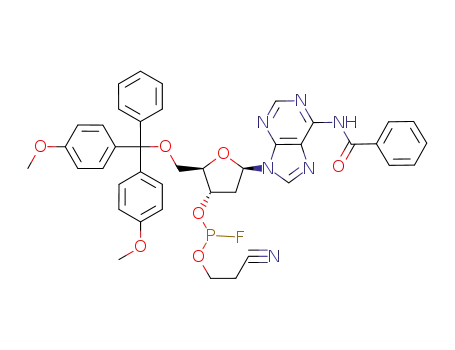 Molecular Structure of 171081-13-3 (Phosphorofluoridous acid (2R,3S,5R)-5-(6-benzoylamino-purin-9-yl)-2-[bis-(4-methoxy-phenyl)-phenyl-methoxymethyl]-tetrahydro-furan-3-yl ester 2-cyano-ethyl ester)