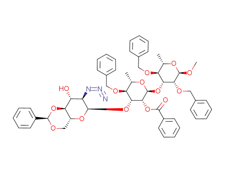 methyl O-(2-azido-4,6-O-benzylidene-2-deoxy-α-D-glucopyranosyl)-(1<*>3)-O-(2-O-benzoyl-4-O-benzyl-α-L-rhamnopyranosyl)-(1<*>3)-2,4-di-O-benzyl-α-L-rhamnopyranoside