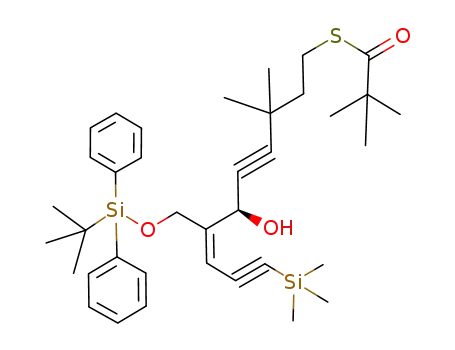 Molecular Structure of 124044-25-3 (2,2-Dimethyl-thiopropionic acid S-[(Z)-7-(tert-butyl-diphenyl-silanyloxymethyl)-6-hydroxy-3,3-dimethyl-10-trimethylsilanyl-dec-7-ene-4,9-diynyl] ester)