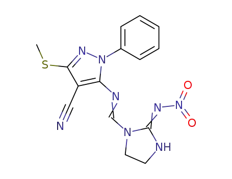 Molecular Structure of 399559-98-9 (1-[(4-cyano-3-methylthio-1-phenyl)pyrazol-5-yl]iminomethyl-2-nitroiminoimidazolidine)