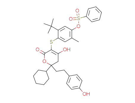 Molecular Structure of 263842-91-7 (5-tert-butyl-4-({2-cyclohexyl-6-hydroxy-2-[2-(4-hydroxyphenyl)ethyl]-4-oxo-3,4-dihydro-2H-pyran-5-yl}sulfanyl)-2-methylphenyl benzenesulfonate)