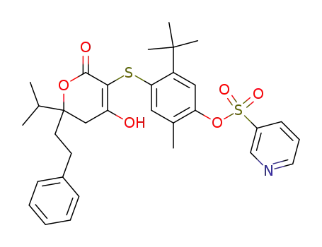 Molecular Structure of 263842-98-4 (5-tert-butyl-4-{[6-hydroxy-2-(1-methylethyl)-4-oxo-2-(2-phenylethyl)-3,4-dihydro-2H-pyran-5-yl]sulfanyl}-2-methylphenyl pyridine-3-sulfonate)