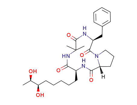Molecular Structure of 202869-98-5 (cyclo[2-aminoisobutyryl-(S)-phenylalanyl-(R)-prolyl-(2S,8R,9R)-2-amino-8,9-dihydroxydecanoyl])