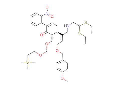 Molecular Structure of 1027259-59-1 ((5R,6R)-5-[(E)-1-[(2,2-Bis-ethylsulfanyl-ethylamino)-methyl]-3-(4-methoxy-benzyloxy)-propenyl]-2-(2-nitro-phenyl)-6-(2-trimethylsilanyl-ethoxymethoxymethyl)-cyclohex-2-enone)