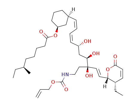 Molecular Structure of 467234-66-8 ((S)-6-Methyl-octanoic acid (1S,3R)-3-[(1Z,3Z,9E)-(5R,7R,8R)-8-(2-allyloxycarbonylamino-ethyl)-10-((2S,3S)-3-ethyl-6-oxo-3,6-dihydro-2H-pyran-2-yl)-5,7,8-trihydroxy-deca-1,3,9-trienyl]-cyclohexyl ester)