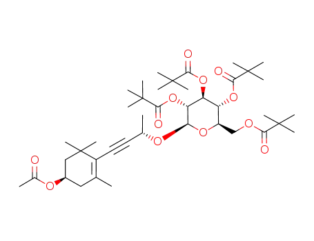 Molecular Structure of 521291-38-3 (2,2-Dimethyl-propionic acid (2R,3R,4S,5R,6R)-2-[(S)-3-((R)-4-acetoxy-2,6,6-trimethyl-cyclohex-1-enyl)-1-methyl-prop-2-ynyloxy]-3,5-bis-(2,2-dimethyl-propionyloxy)-6-(2,2-dimethyl-propionyloxymethyl)-tetrahydro-pyran-4-yl ester)