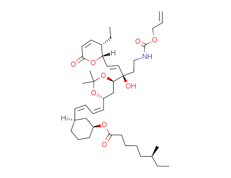 Molecular Structure of 467234-65-7 ((S)-6-Methyl-octanoic acid (1S,3R)-3-((1Z,3Z)-4-{(4R,6R)-6-[(E)-(R)-1-(2-allyloxycarbonylamino-ethyl)-3-((2S,3S)-3-ethyl-6-oxo-3,6-dihydro-2H-pyran-2-yl)-1-hydroxy-allyl]-2,2-dimethyl-[1,3]dioxan-4-yl}-buta-1,3-dienyl)-cyclohexyl ester)