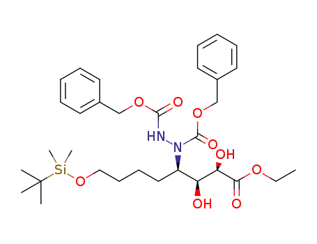 Molecular Structure of 1613470-19-1 (dibenzyl 1-((2R,3S,4R)-8-((tert-butyldimethylsilyl)oxy)-1-ethoxy-2,3-dihydroxy-1-oxooctan-4-yl)hydrazine-1,2-dicarboxylate)
