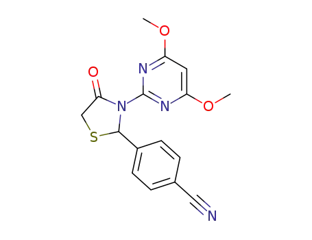 Molecular Structure of 1610829-11-2 (4-(3-(4,6-dimethoxypyrimidin-2-yl)-4-oxothiazolidin-2-yl)benzonitrile)